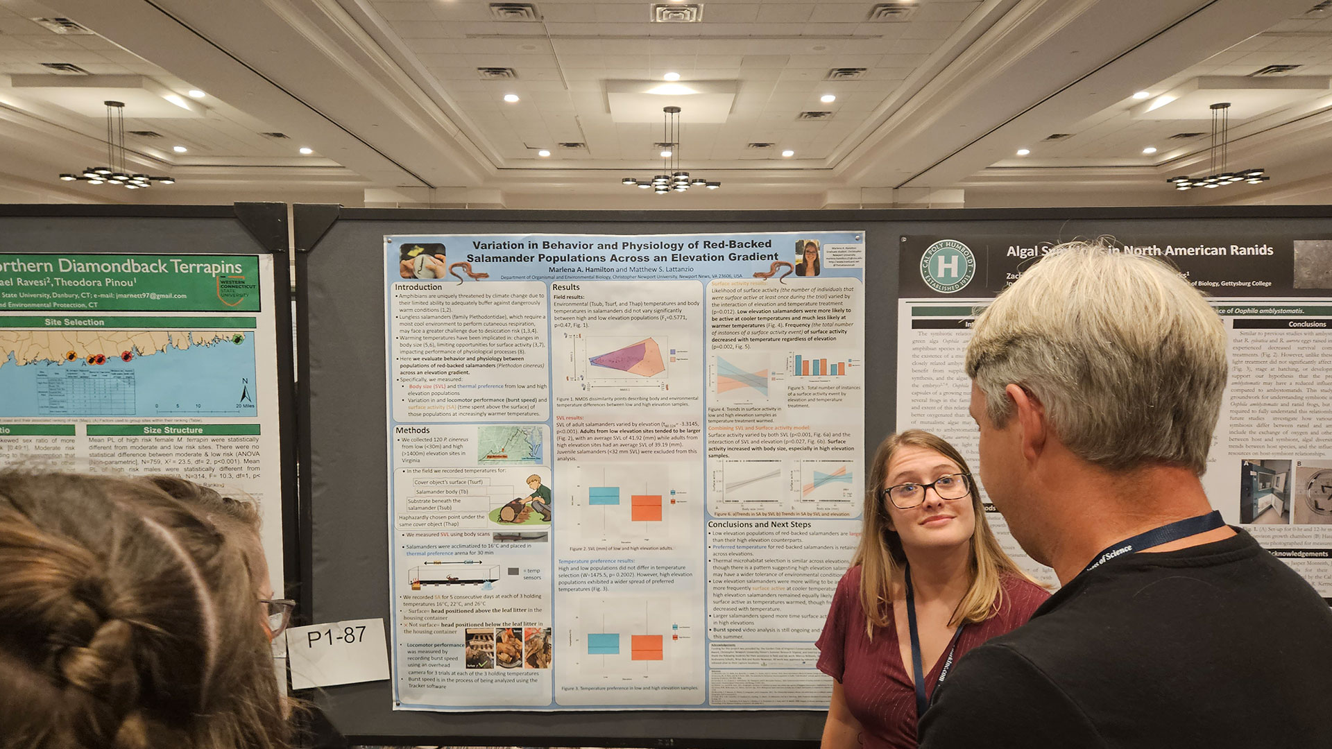 A Christopher Newport student gives a poster board presentation on environmental research findings at an international conference.