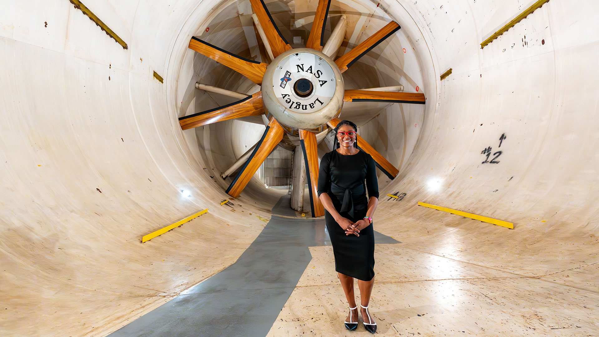 Student in the wind tunnel at Nasa Langley Research Center