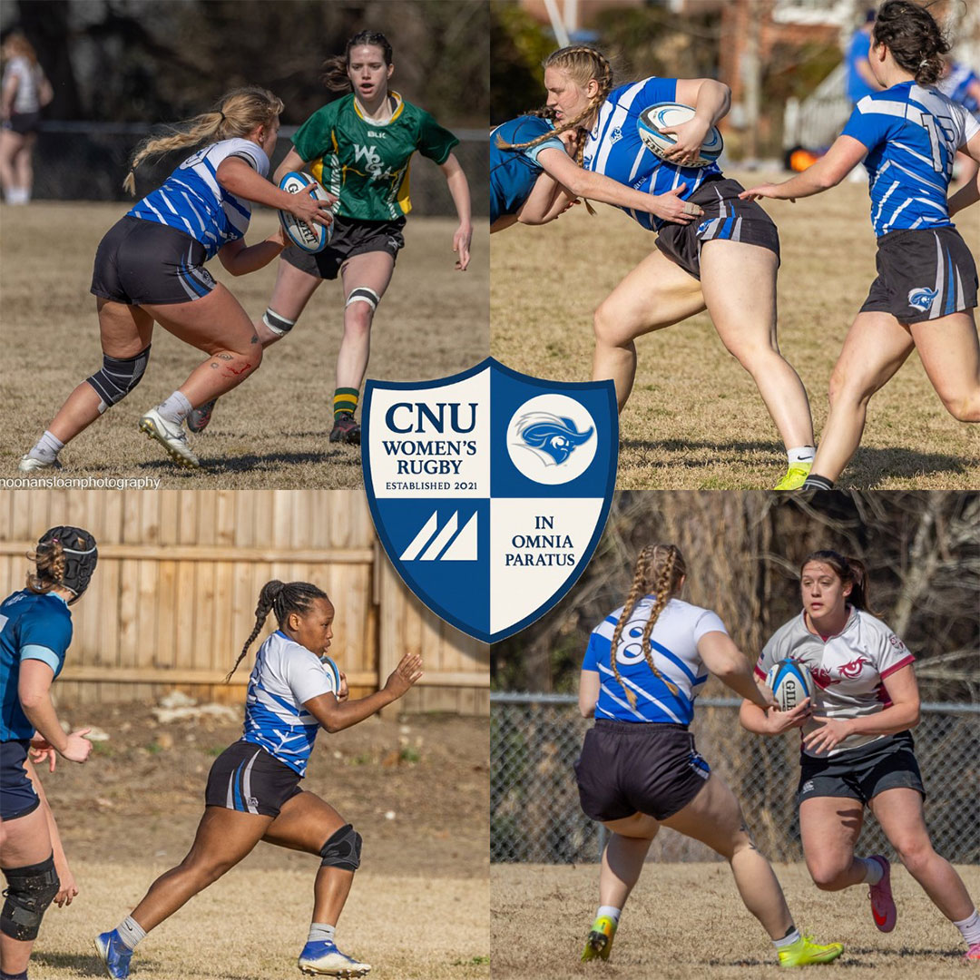 Collage of CNU women's rugby team playing on the field.