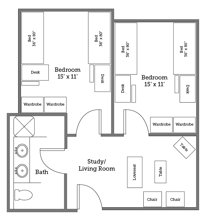 Christopher Newport University James River Hall suite floor plan.