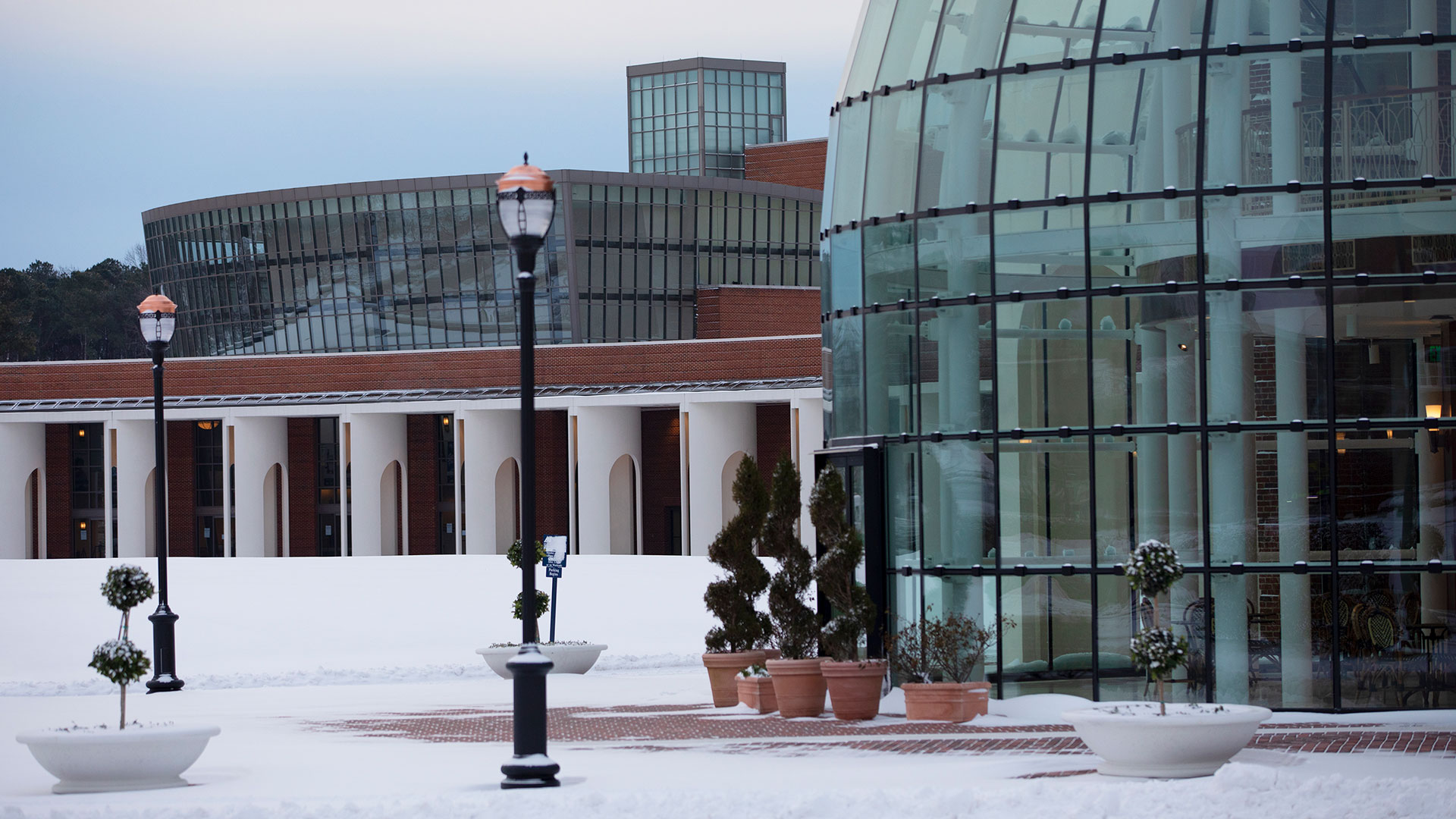 Torggler Fine Arts Center in snow with the Ferguson Center for the Arts in the background