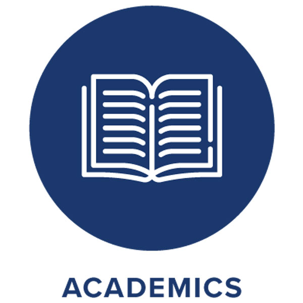 A navy blue circle containing a white line-art icon of an open book, with the word ACADEMICS below.