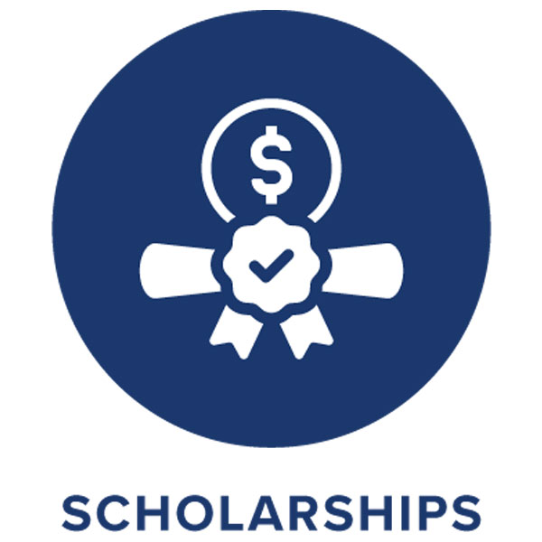 A navy blue circle containing a white solid icon of a certificate with a dollar sign coin, with the words UNRESTRICTED SCHOLARSHIPS below.