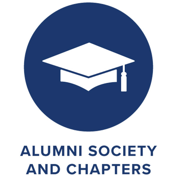 A navy blue circle containing a white solid icon of a graduation cap, with the words ALUMNI SOCIETY AND CHAPTERS below.