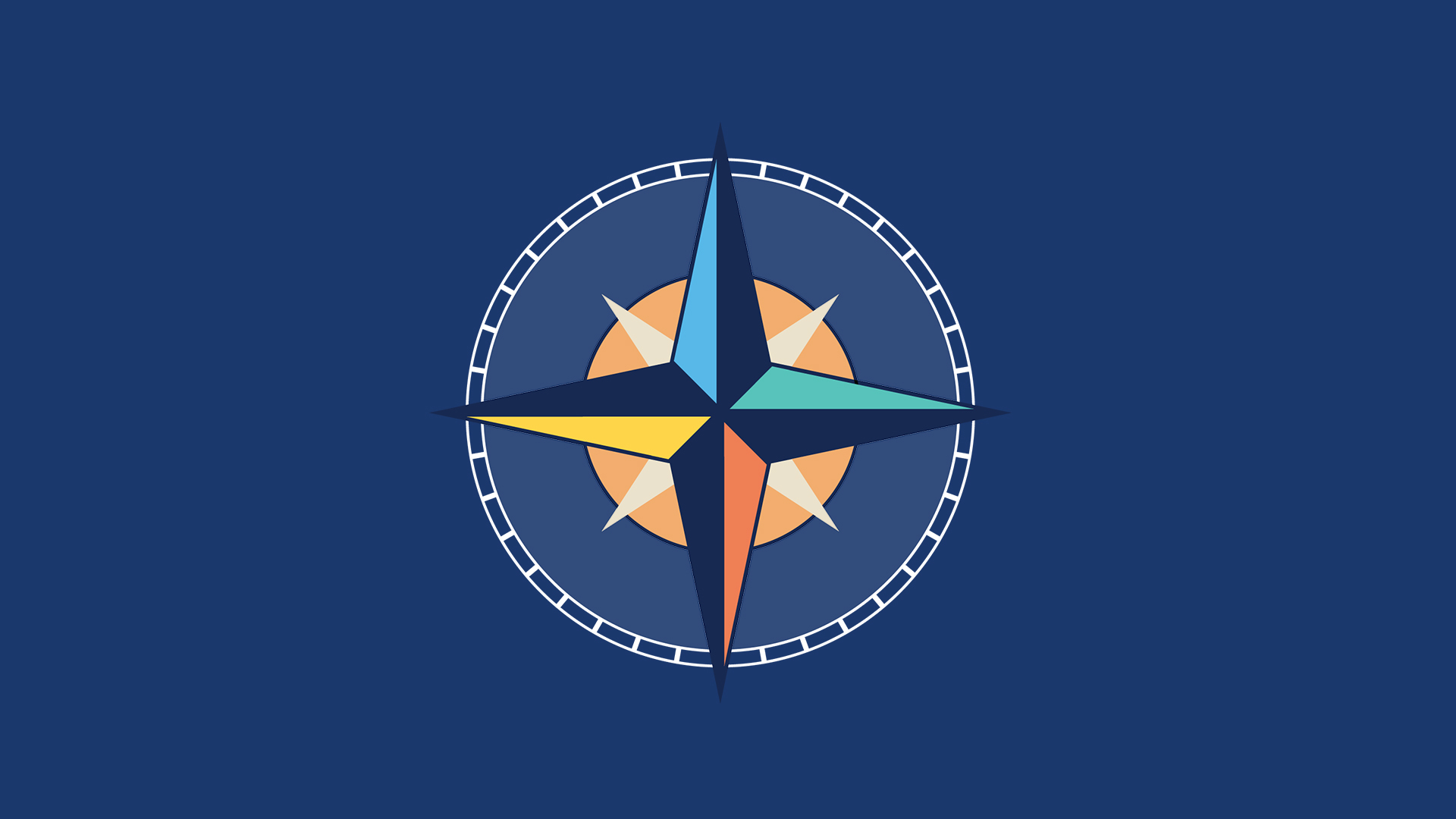 A multi-colored compass on a blue background