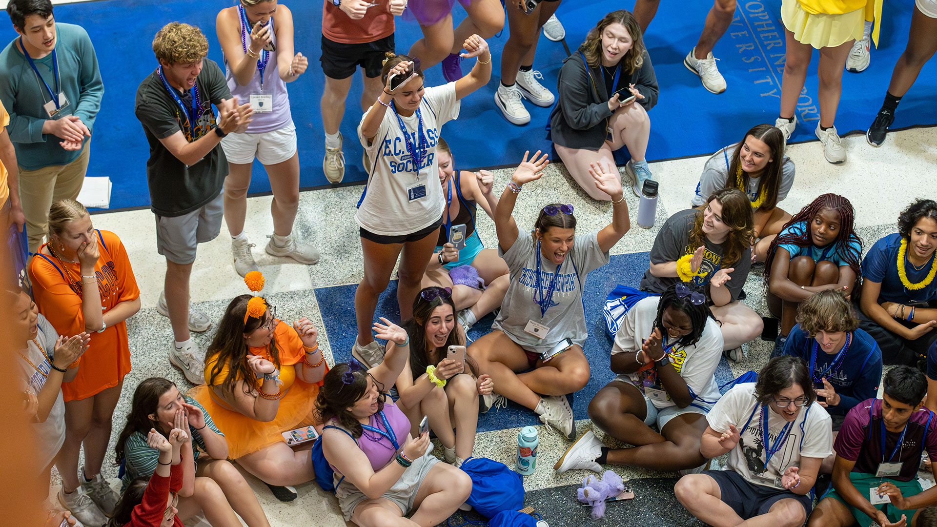 A group of students sitting and standing cheer